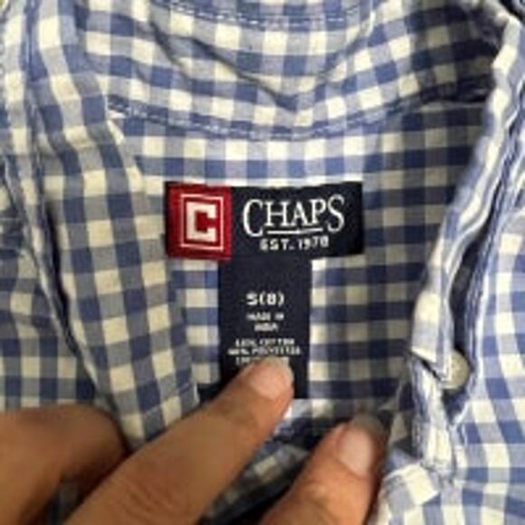 Chaps Blue White Checkered Shortsleeve Button Down size 8 - Picture 2 of 2